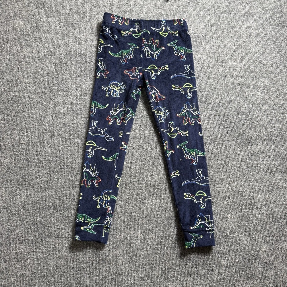 Kids Dinosaur Neon Rainbow Line Art Fleece Jogger Leggings Navy Blue